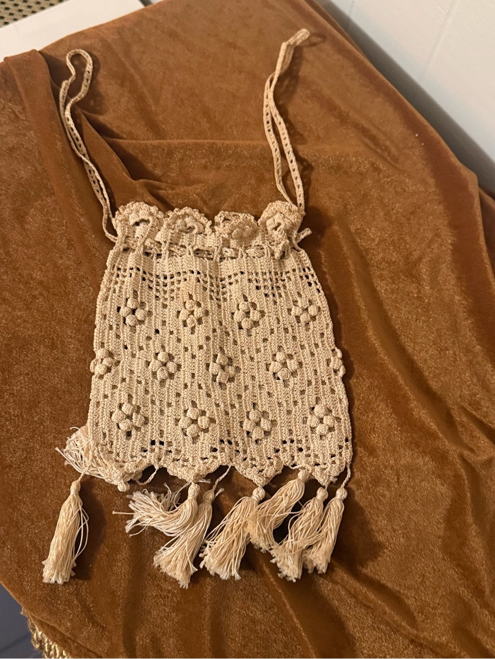 Vintage Crochet Reticule Purse Cream Floral Tassel Fringe Boho Shoulder Bag